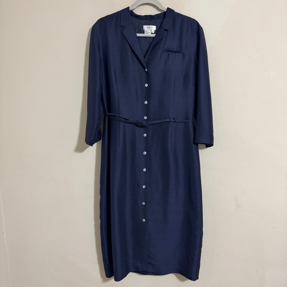 TAO Dresses & Skirts - TAO Navy Blue Silk Button-Down Belted Dress size 14 Quiet Luxury Modest Career